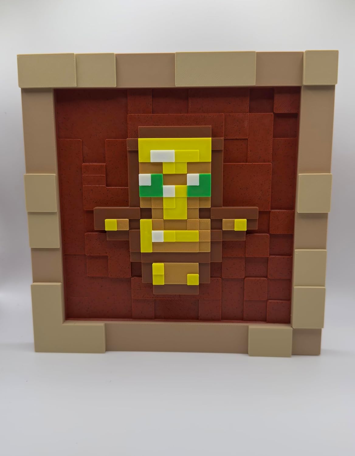 Mine Craft Inspired Decorative Wall Display, Magnetic Item Frame with Swappable Game Icons, Brown Brick Background, Pixel Art Style – Frame and Totem of Undying
