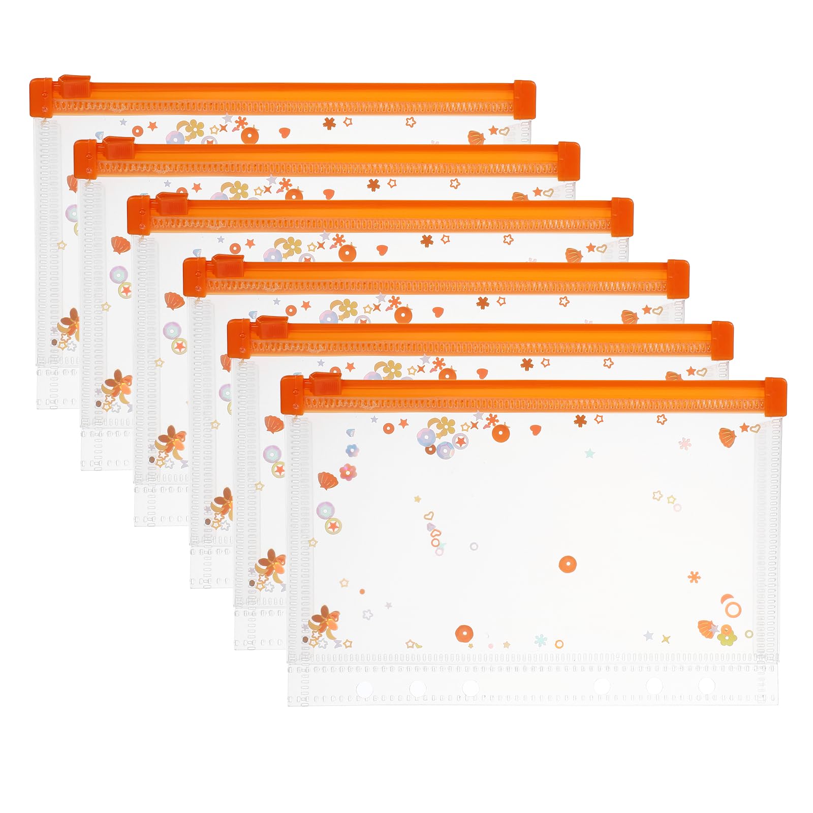 PATIKIL 6Pcs A6 Plastic Binder Zipper, Binder Pockets 7 x 5 Clear Envelope Folders Planner Waterproof Pouch Filing with Sequin Decor for Document Notebook Card Organizer, Bright Orange
