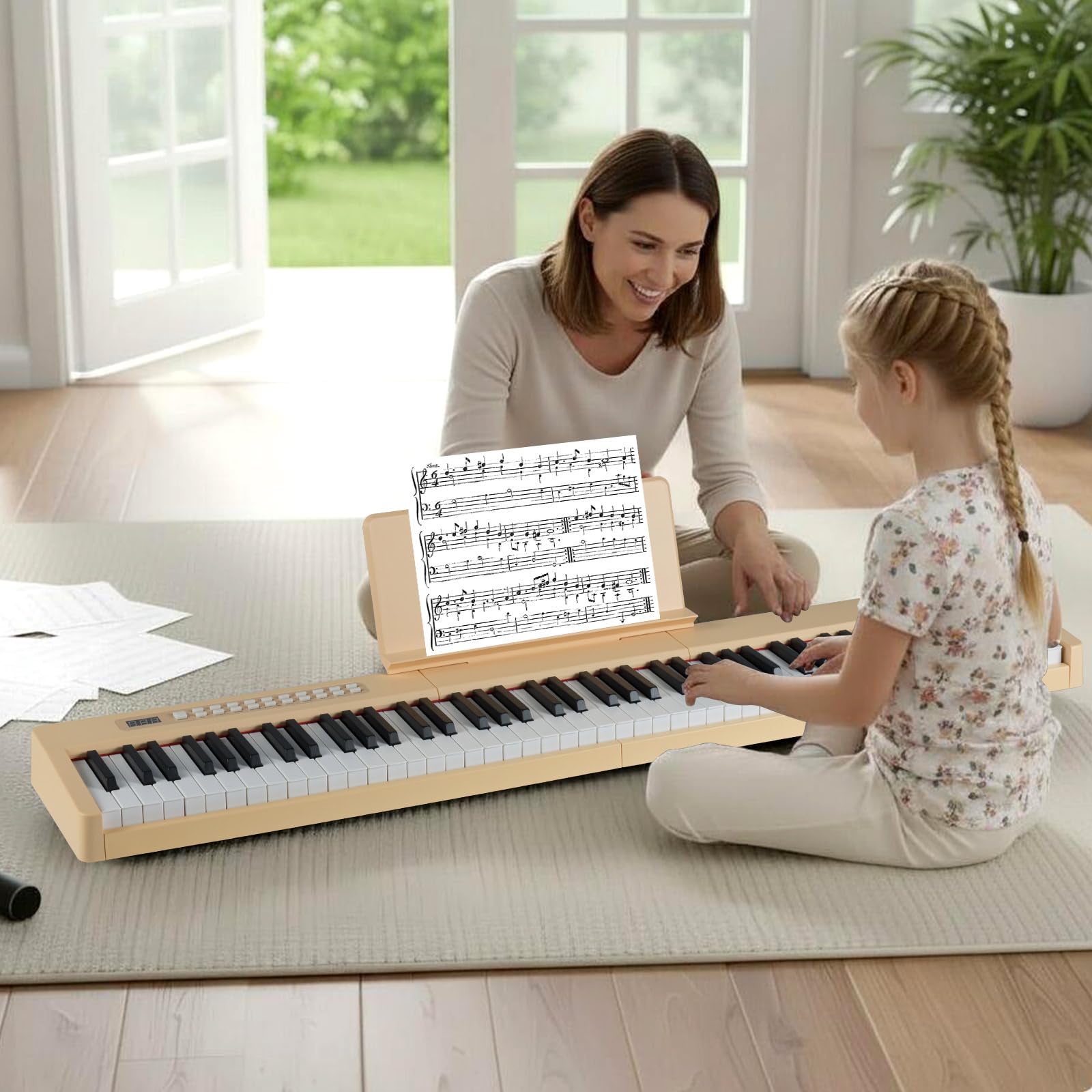 KOMFOTTEU Piano Digital de 88 Teclas, Teclado de Piano con 380 Sonidos, 128 Ritmos, 88 Demos, MIDI, Pedal de Sostenido, Piano Eléctrico Portátil con Soporte para Música, Bolsa de Transporte (Marrón)