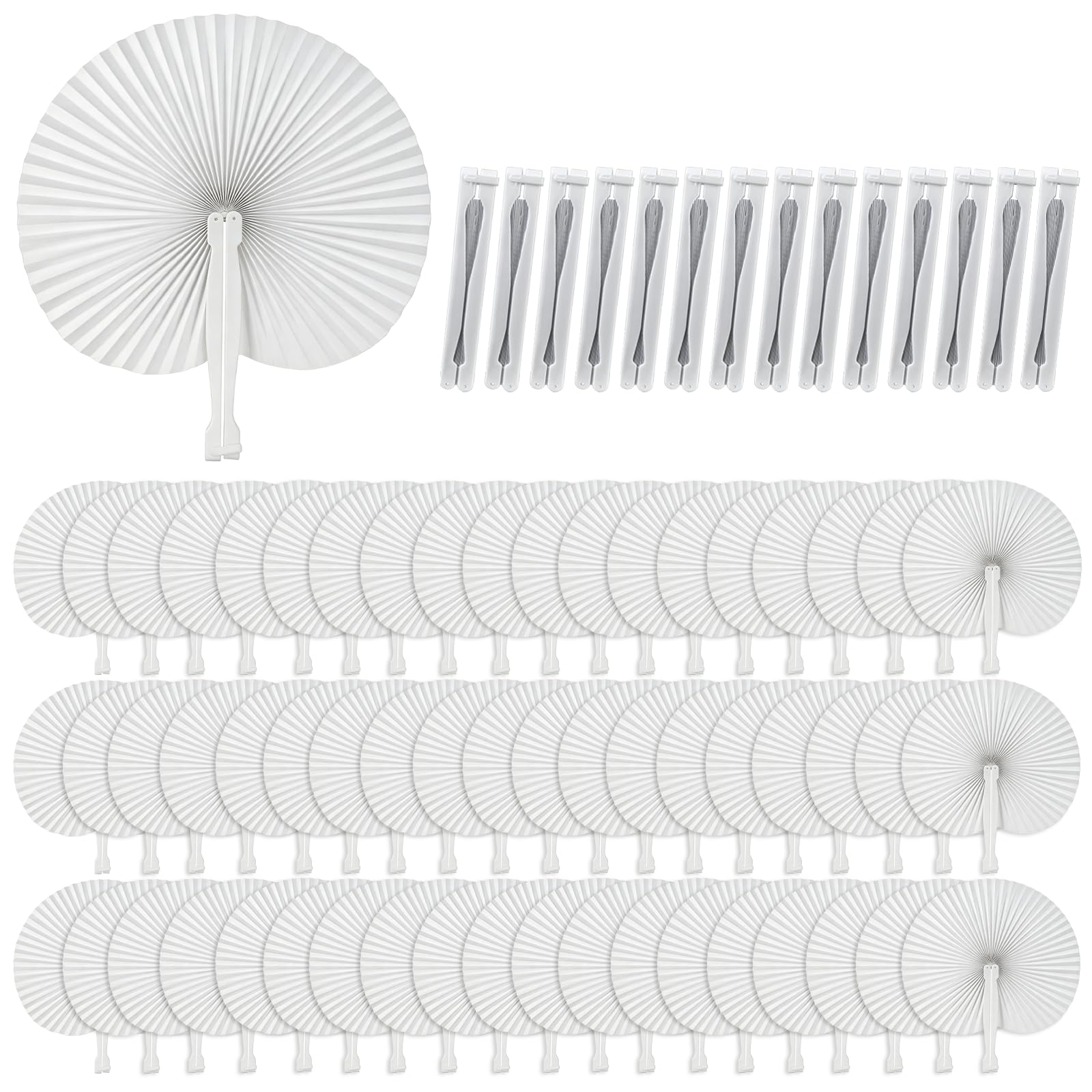 TEYIAN 72Pcs Folding Paper Fans White Round Folding Fan Chinese Handheld Fans for DIY Summer Wedding Decorations Party Favour