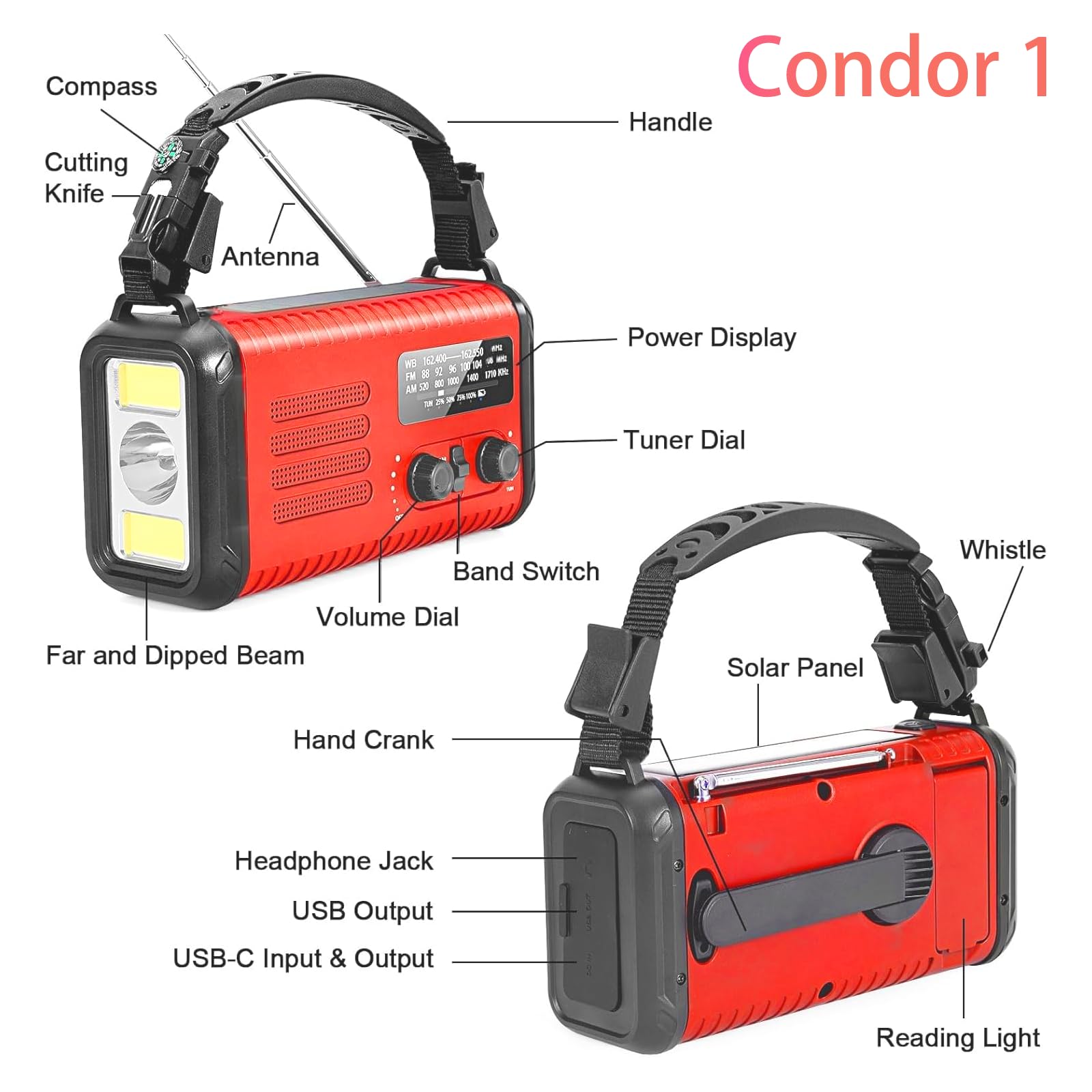Radio di emergenza da 20.000 mAh, con manovella a energia solare, radio AM FM NOAA, batteria ricaricabile, allarme SOS, torcia elettrica, lampada da lettura per casa e emergenza all'aperto (rosso)
