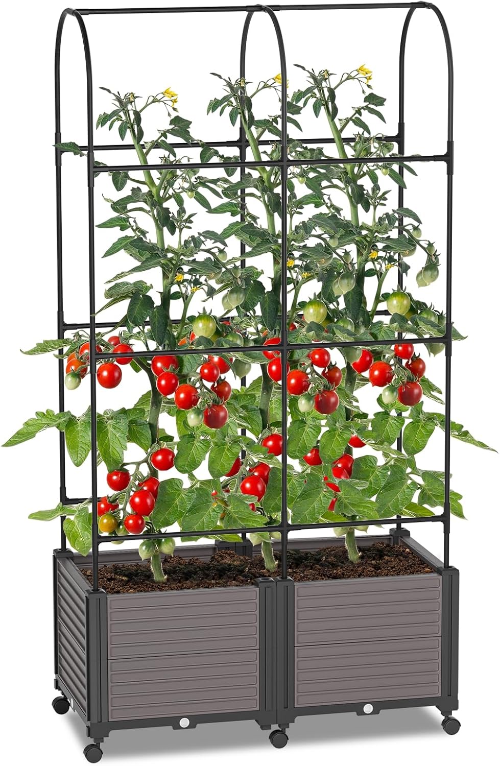Raised Garden Bed Outdoor Planter Box with Trellis and Wheels, Tomato Planter Cage with Trellis, Indoor Outdoor Patio Self Watering Planters for Climbing Plants Vegetable Flowers