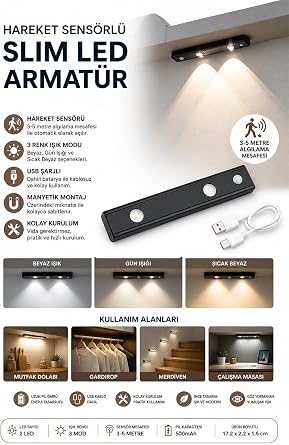 Neo Vista Hareket Sensörlü Slim Led Kabin Armatürü Dekoratif Dim Edilebilir Usb Şarjlı Aydınlatma (Siyah, 20 CM) [Enerji Sınıfı A]