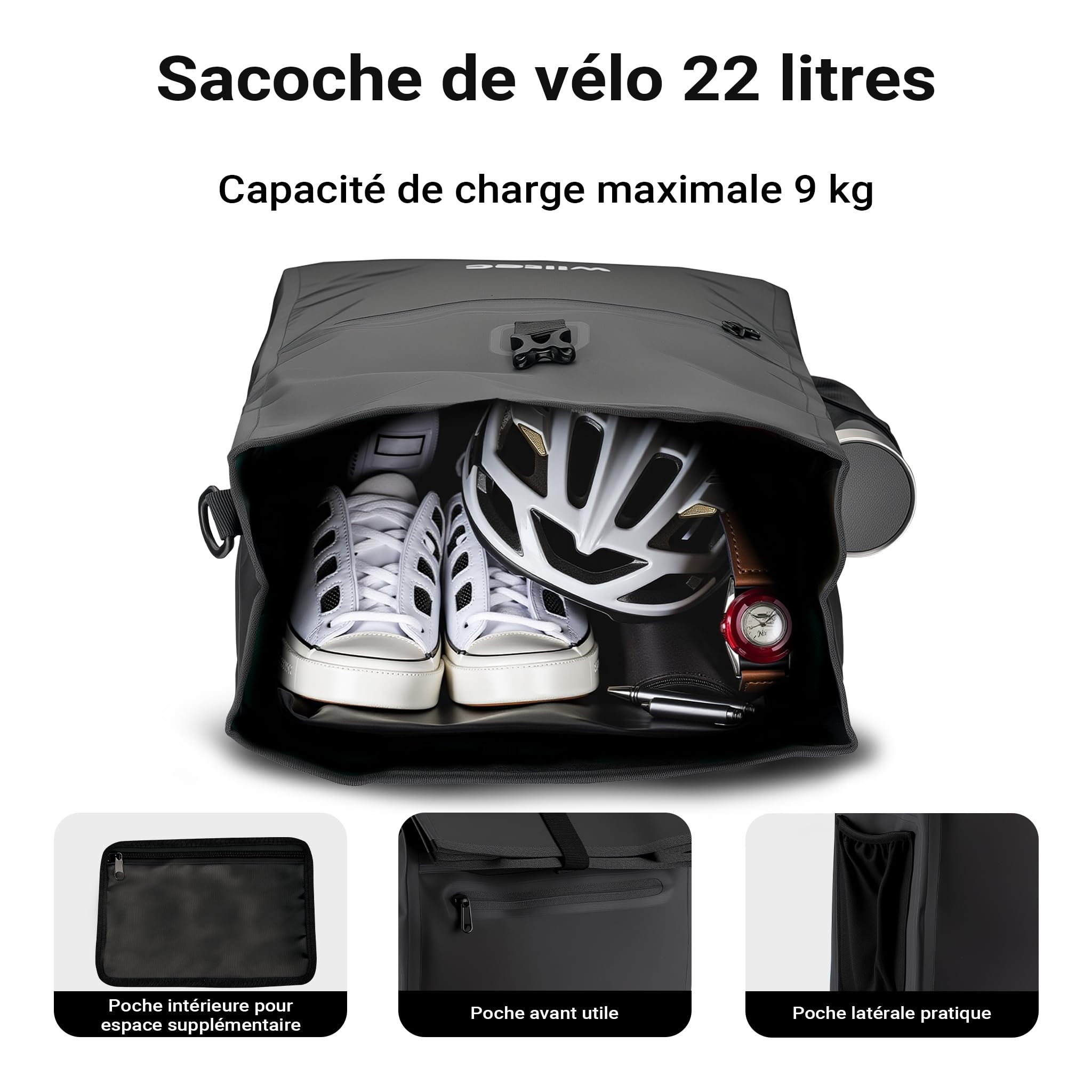 WilTec Sacoche étanche pour Porte-Bagages Noire – capacité de 22 L – en PVC – pour vélos et vélos électriques – Sac de Bicyclette – Cyclisme, Courses, Excursions