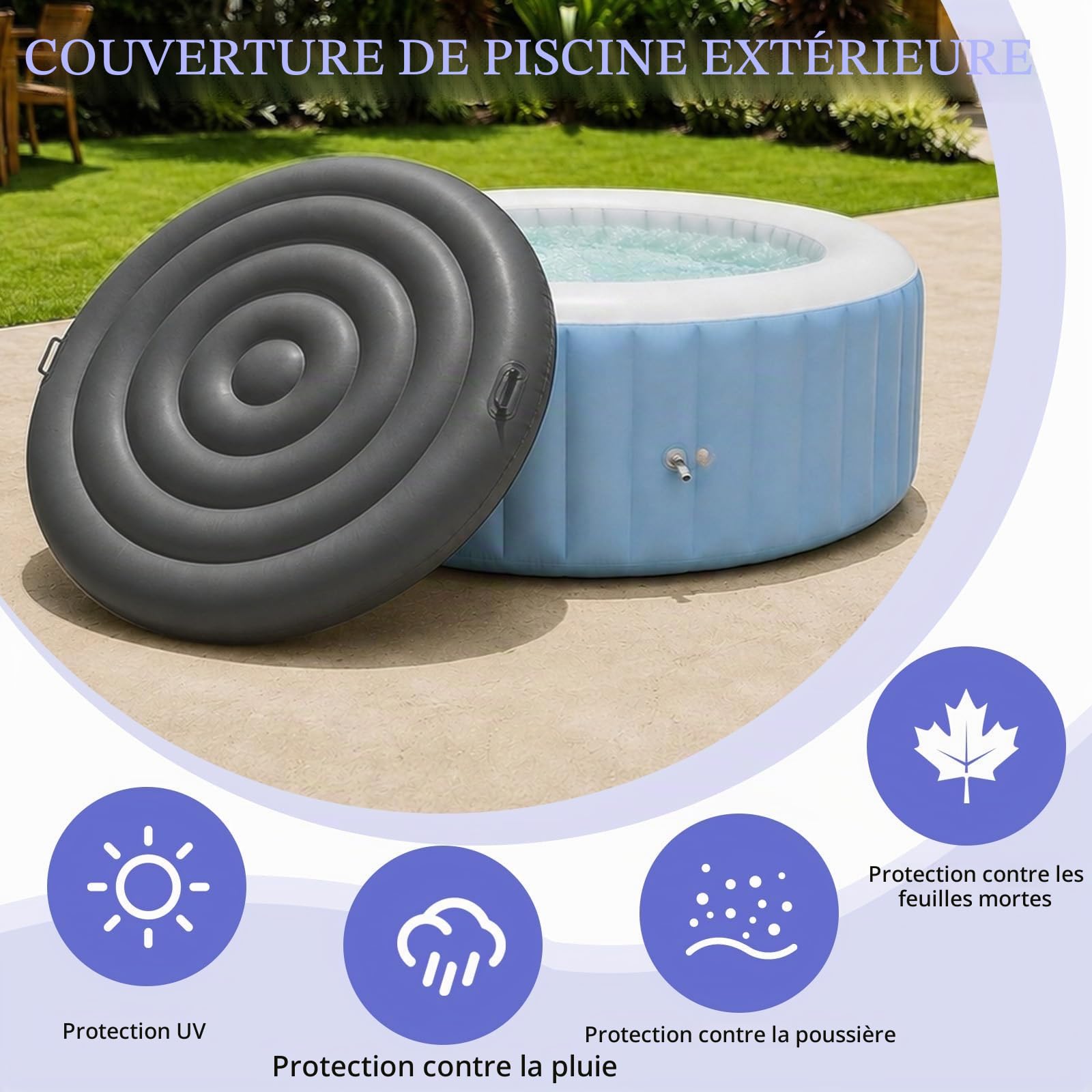 Couvercle de Bain à Remous Rond 160CM, Couvercle Spa Gonflable