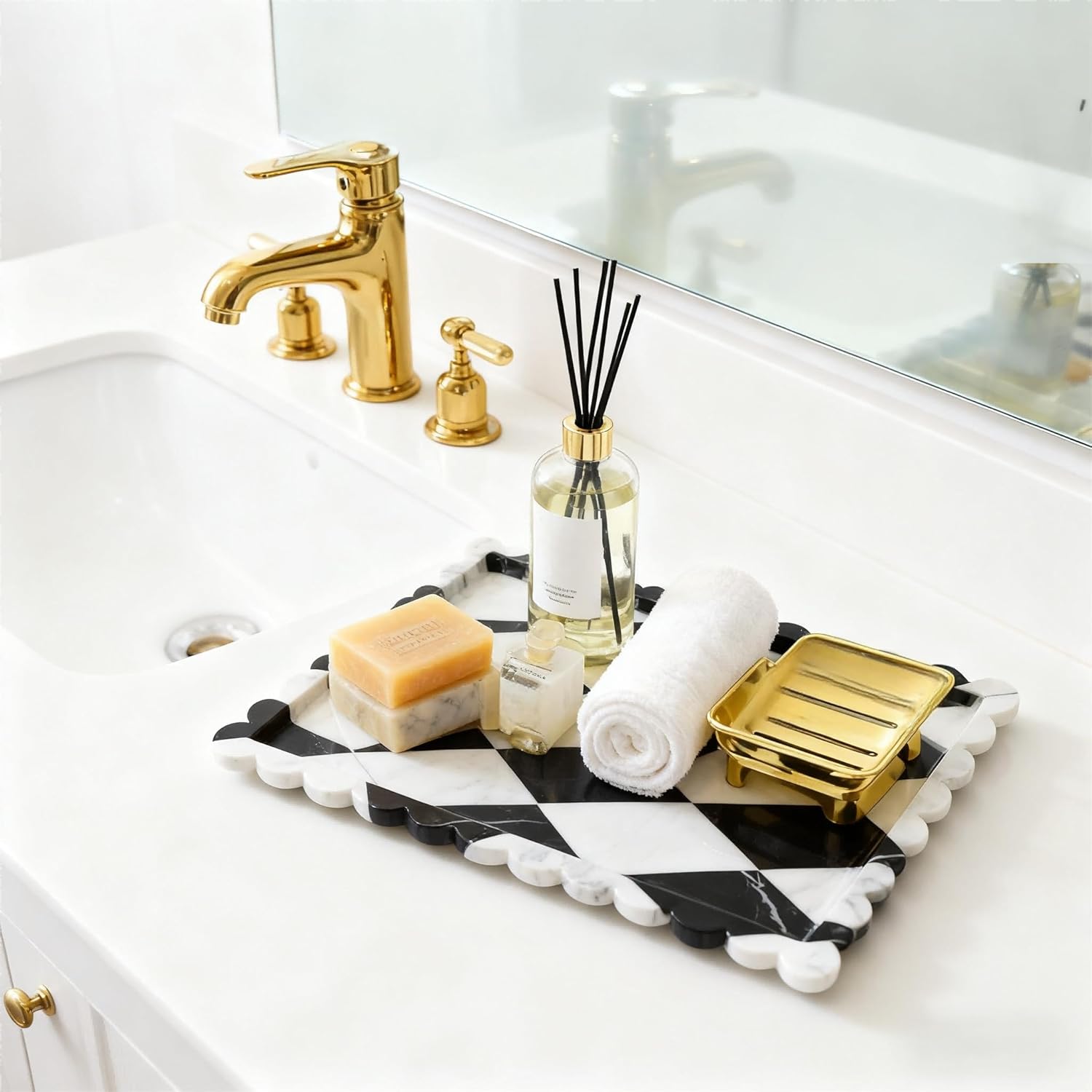 Handcrafted Natural Marble Tray with Fan-Shaped Edge, Scalloped Rectangle Luxury Vanity Tray for Bathroom Kitchen Counter, Decorative Tray for Dresser Home Decor (large mosaic marble, 11.8*7.87inch)