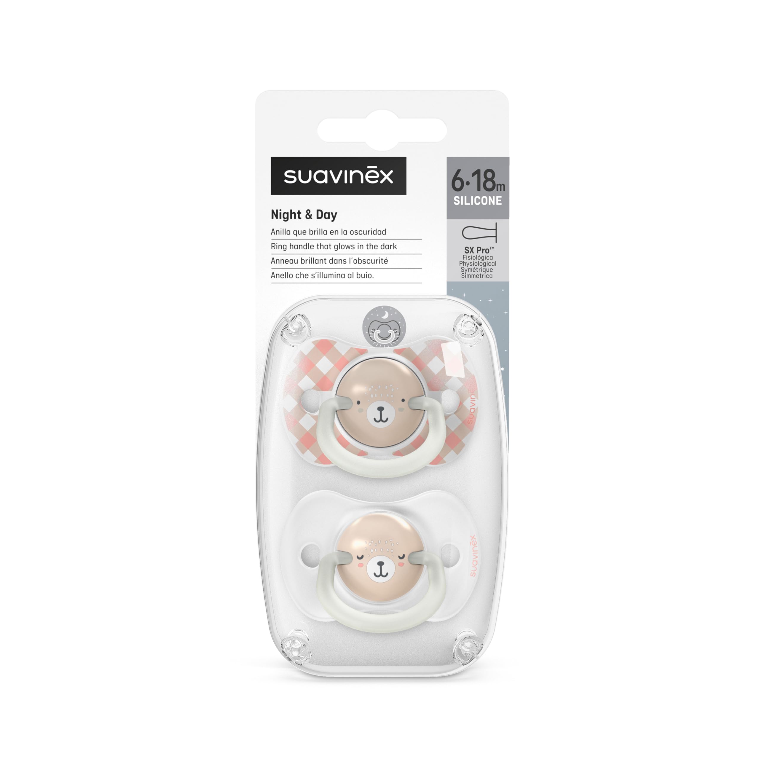 Suavinex Lot 2 Sucettes Bébé 6/18 Mois Brillent Noir Anneau Fluorescente Tétine Symétrique SX Pro Silicone Rose