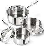 MICHELANGELO Saucepan ensemble 6pc, 18/10 Pâte à sauce en acier inoxydable avec couvercle, ensemble de casserole à sauce à fond Tri-Ply, casserole antiadhésive, compatible induction, 1QT & 2QT &3QT