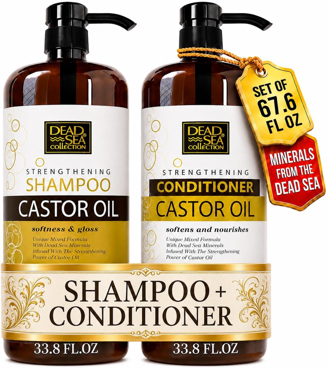 Dead Sea Collection Shampoo and Conditioner Set for Strengthening and Volume - Pure Dead Sea Minerals and Castor Oil โ Professional Hair Care - Repair and Shine - Pack of 2 (33.8 & 30.6 Fl. Oz)
