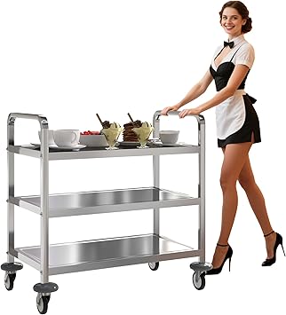 uyoyous 3 Tier Stainless Steel Utility Cart, 360 Rotation Wheels & 400 lbs Capacity, Commercial Serving Cart Heavy Duty Rolling Cart for Kitchen Hotel Restaurant Home, 30" L x 16" W x 33" H