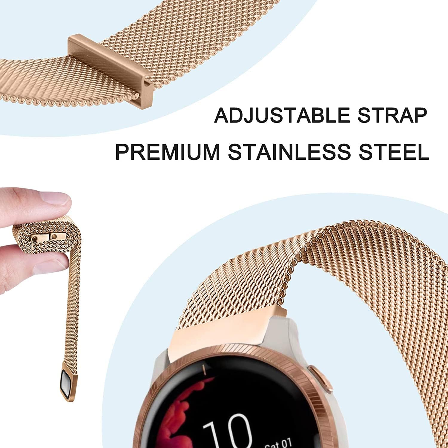 GARTOO 20mm Metal Bands for Garmin VivoActive 6/5/3,Forerunner 165/55/245/645 Watch Band, Garmin Venu/Venu Sq/Sq 2/Venu 2 Plus Watch Band, 2Pack Stainless Steel Wristband Strap for Men Women -Rose Gold