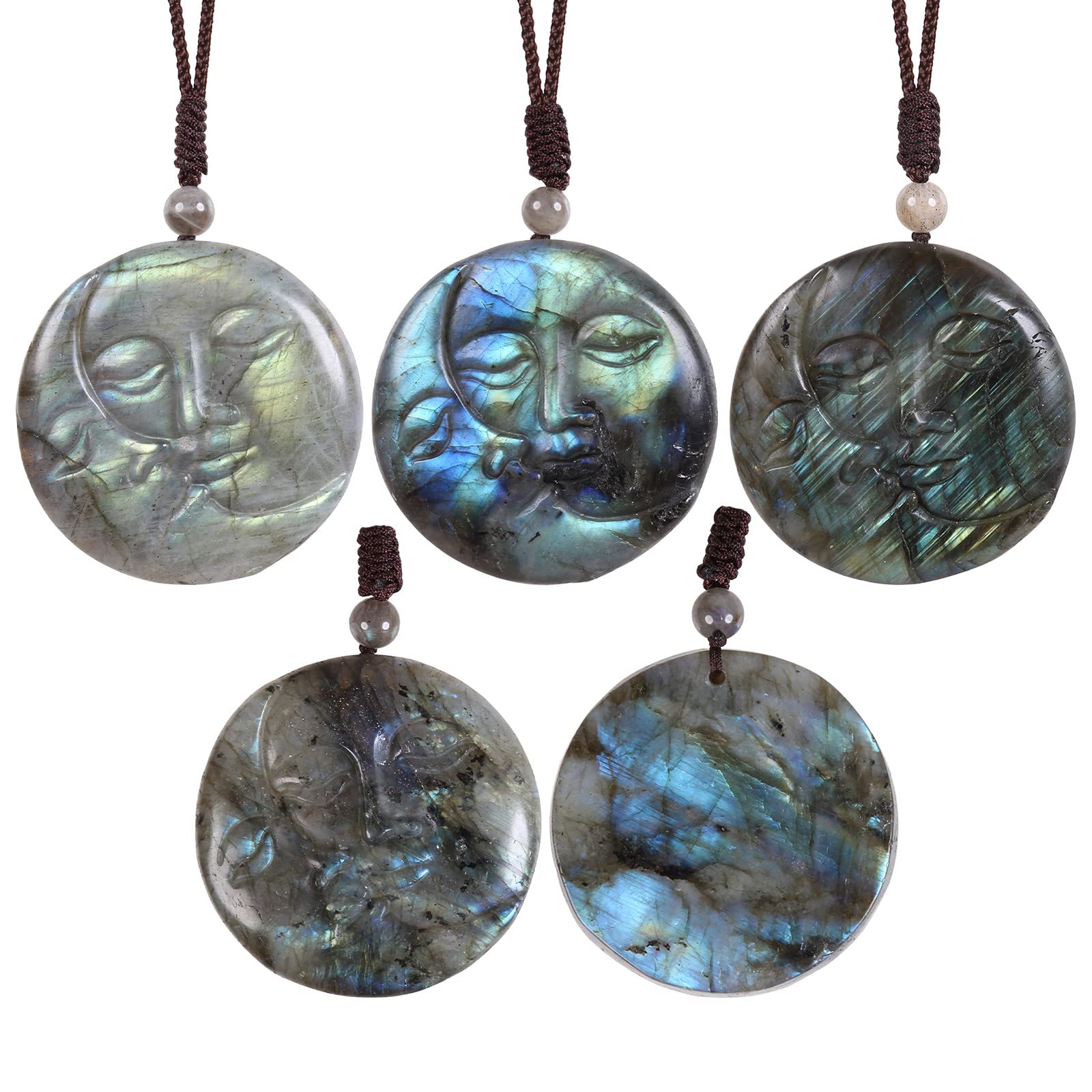 Nupuyai Sun & Moon Face Labradorite Crystal Stone Necklace for Women Men Natural Carved Stone Pendant with Adjustable Rope - Image 3