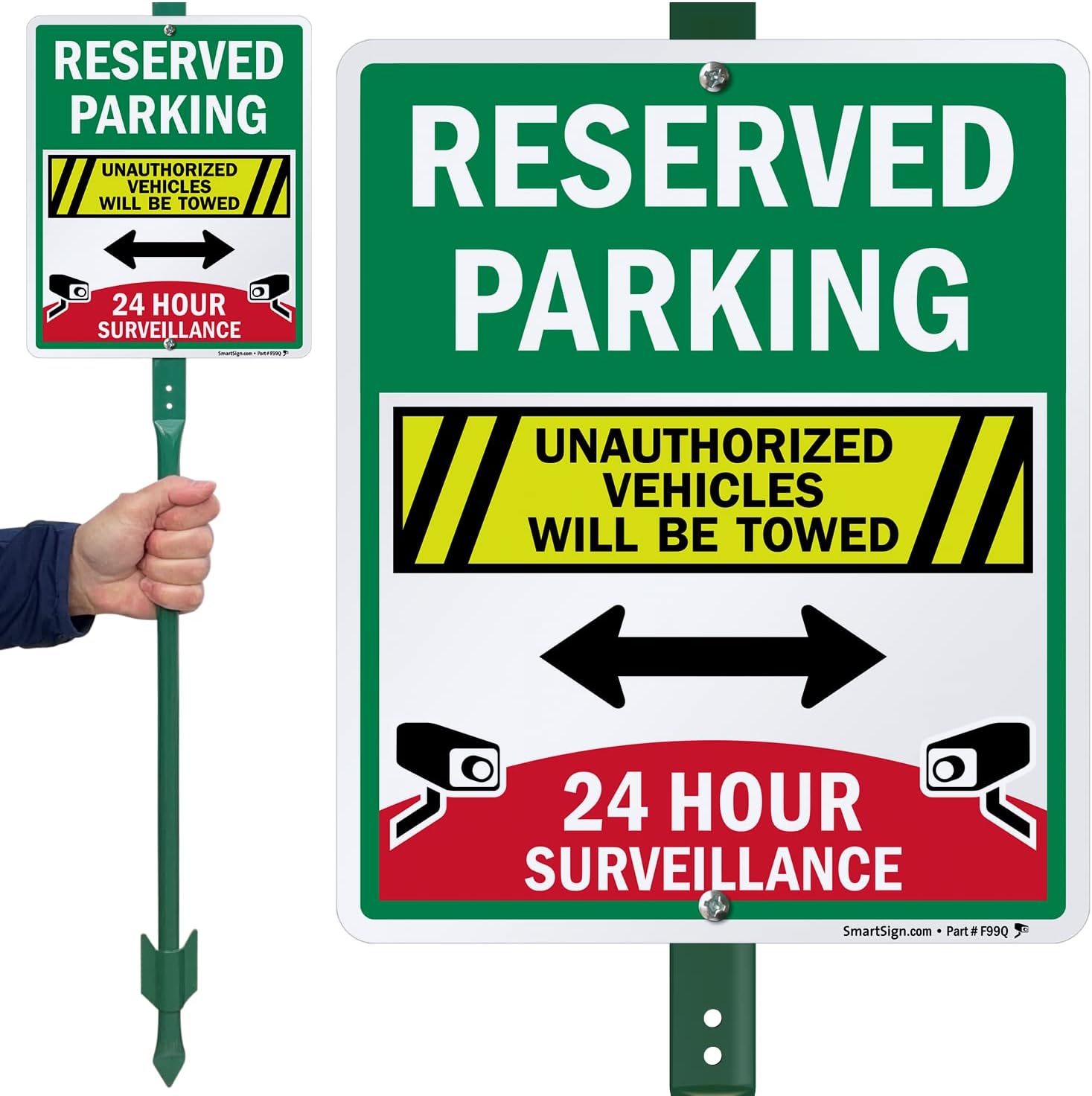 SmartSign 12" x 10" 'Reserved Parking Unauthorized Vehicles Towed, 24 Hour Surveillance' Yard Sign with 3 ft Stake, 40 mil Aluminum 3M Laminated Engineer Grade Reflective, Set of 1