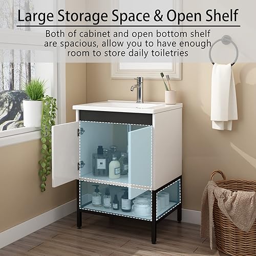 Miniatura 9 de walsport Juego de tocador de baño de 24 pulgadas con lavabo, color blanco, diseño moderno, sin pomo, lavabo con grifo cromado, tocadores de baño