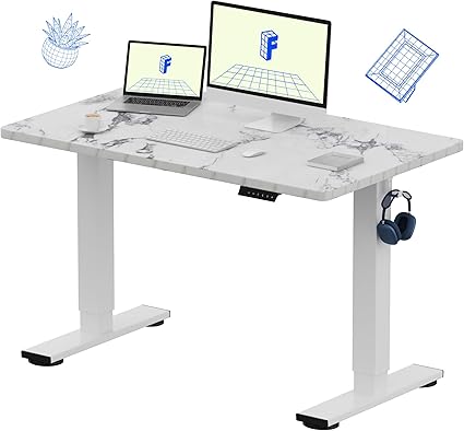 FLEXISPOT EN1 One-Piece Standing Desk 48 x 30 Inches Height Adjustable Electric Desk Sit Stand Desk Home Office Desks (White Frame + Marble Gray Top, 2 Packages)