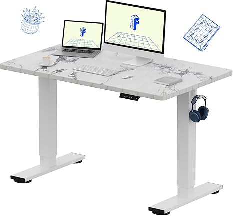 FLEXISPOT EN1 One-Piece Standing Desk 48 x 30 Inches Height Adjustable Electric Desk Sit Stand Desk Home Office Desks (White Frame + Marble Gray Top, 2 Packages)