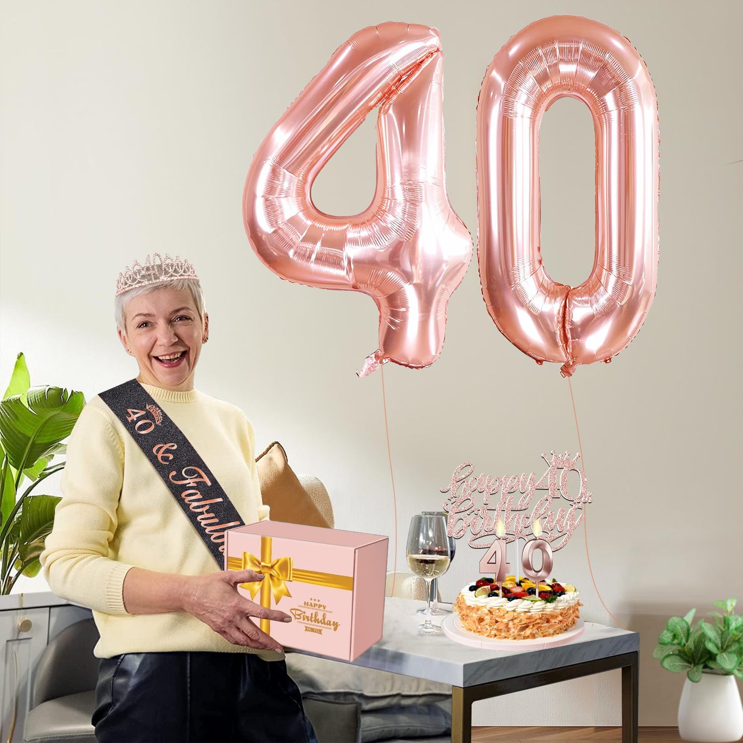 40th Birthday Decorations Women with Black 40th Birthday Sash and Crown, Cake Topper and Candles, Number Balloons Rose Gold, 40 Year Old Gifts for Women - Image 6