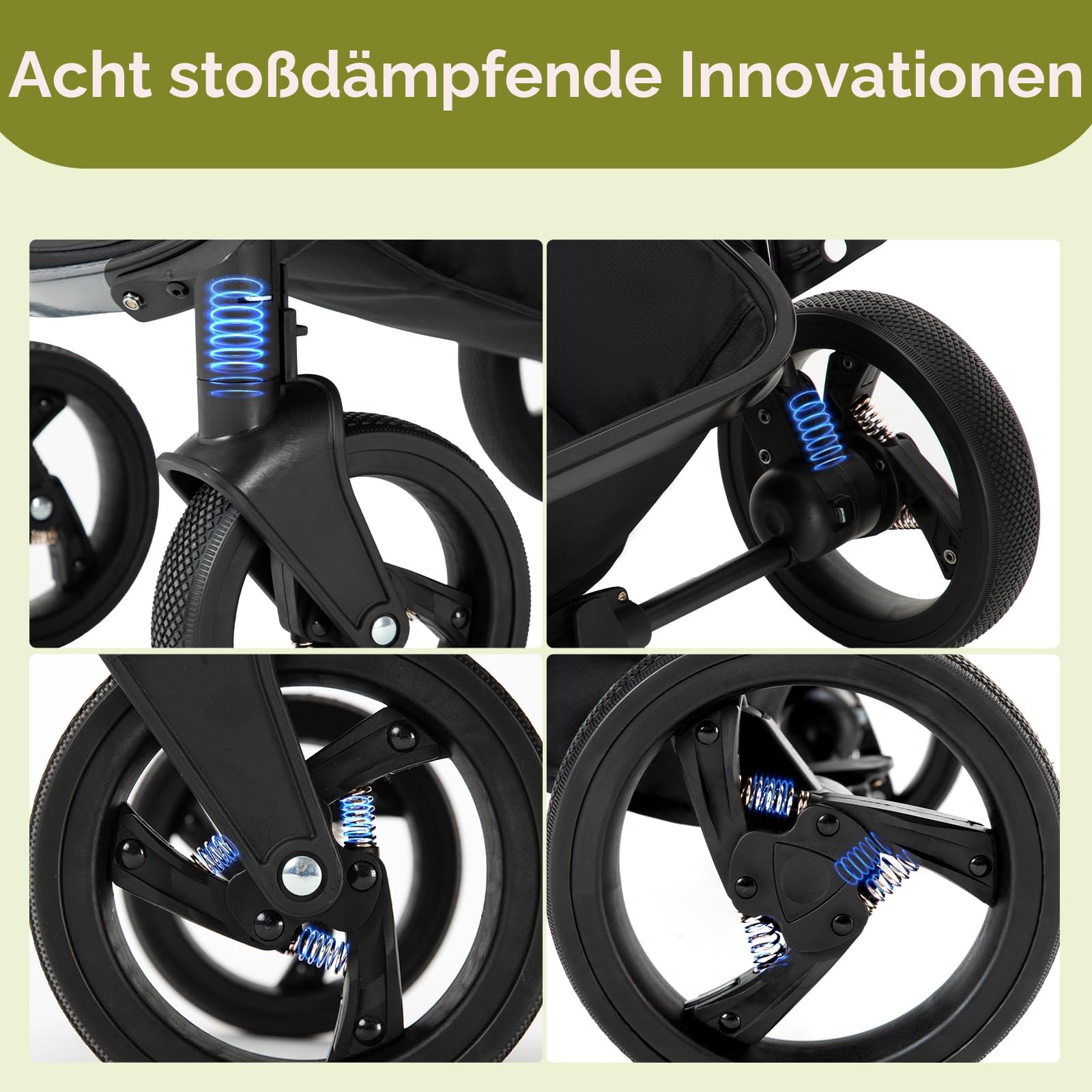 Gcarebb 3-in-1-Kinderwagen aus PU-Leder, Stadtkinderwagen mit Autositz, tragbarer Ein-Klick-Klappstock-Kinderwagen, Landschafts-Kinderwagen, hoher Aluminiumrahmen in Schwarz
