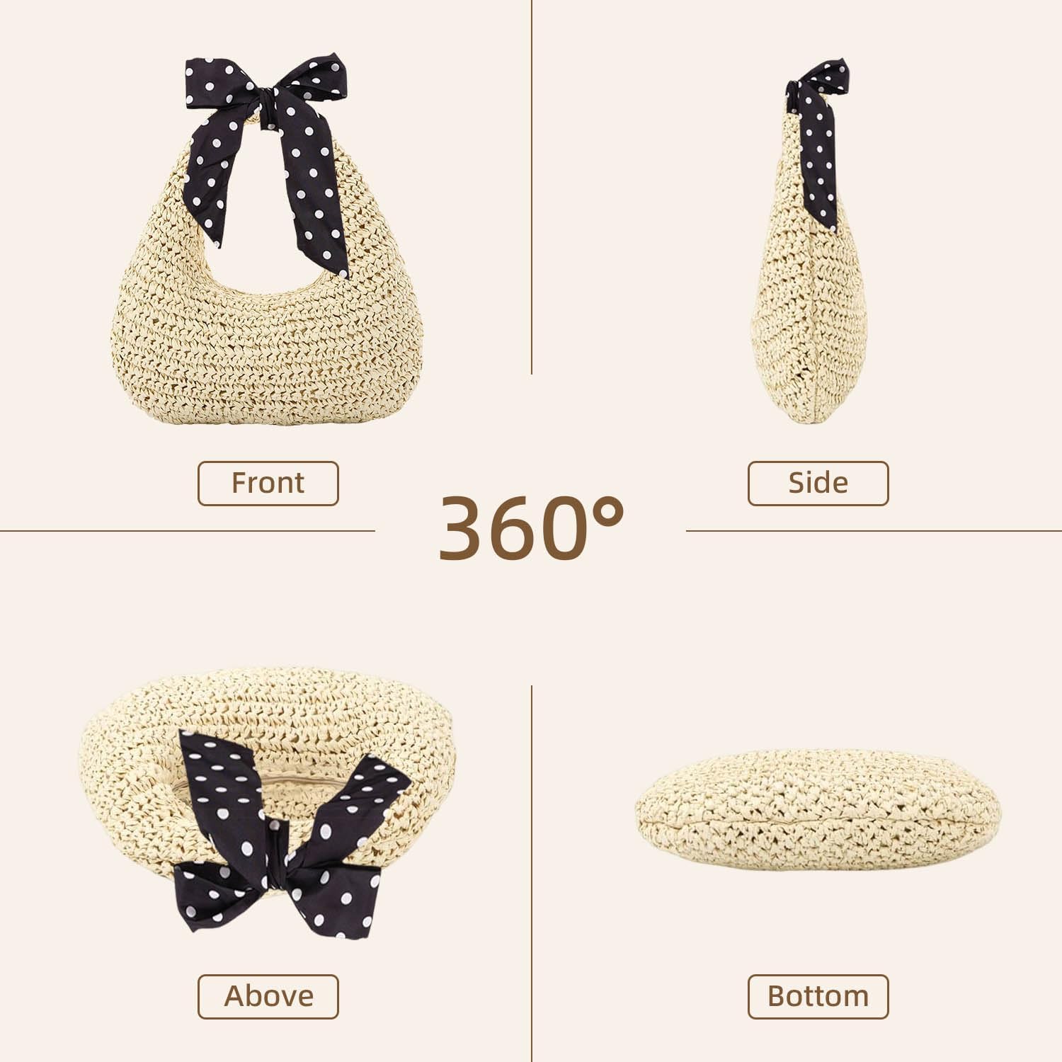 YouNuo Straw Bag for Women, Summer Beach Tote Purse with Zipper, Raffia Woven Bag, Tote Handbag with Ribbon for Travel, Small