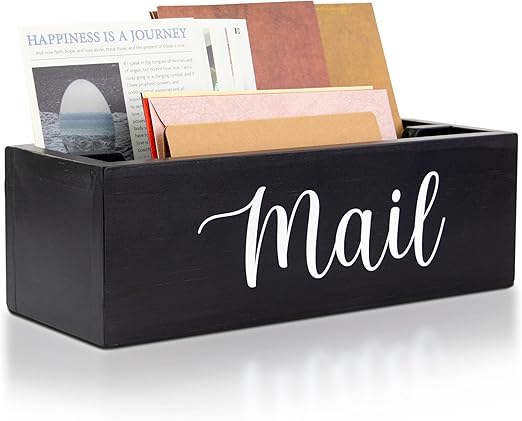 Mail Organizer for Desk or Wall Mount, 2 Compartments Ash Wood Mail Holder Countertop, Mail Basket for Desktop, Kitchen, Home, Wall | Wood Desk Mail Organizer, Black Envelope Holder for Home Office