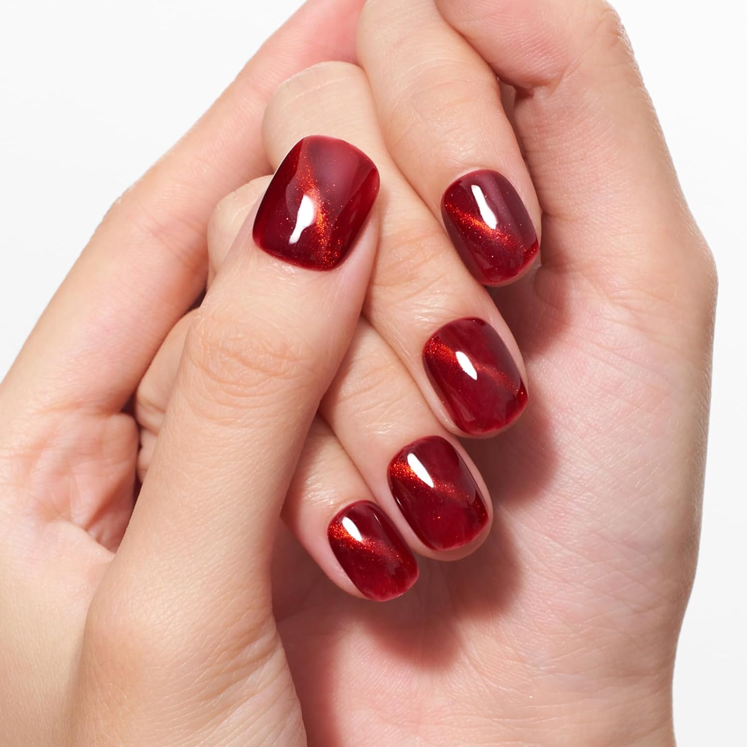 GLAMERMAID Deep Red Cat Eye Press on Nails Short, Fake Nails Square Squoval