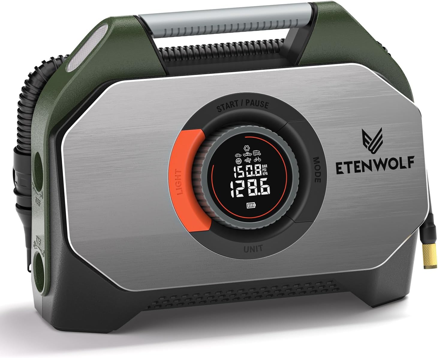 ETENWOLF VORTEX S7 Tire Inflator for Heavy-duty Vehicle, Portable Air Compressor for Car Tires with 160PSI & 38400 mAh Battery, Cordless Air Pump with 100% Duty Cycle & Dual Cylinder (Olive Green)