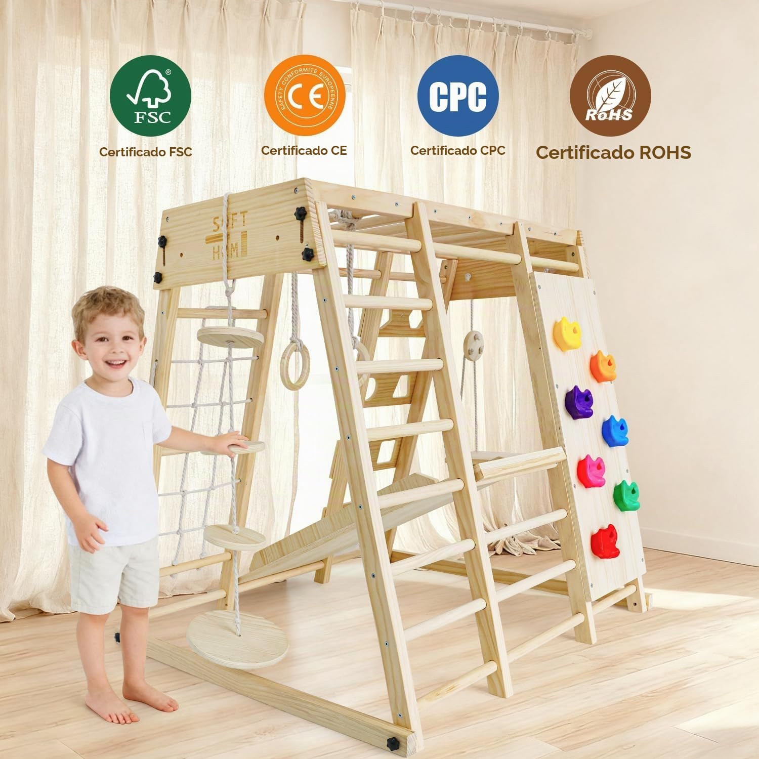 Maxi Estructura de Escalada de interior, 10 en 1 Multifuncional Estructura de Escalada para Niños, Montessori Parque infantil cubierto, Monopatín, Balancearse, Red de Escalada/Muro de Escalada
