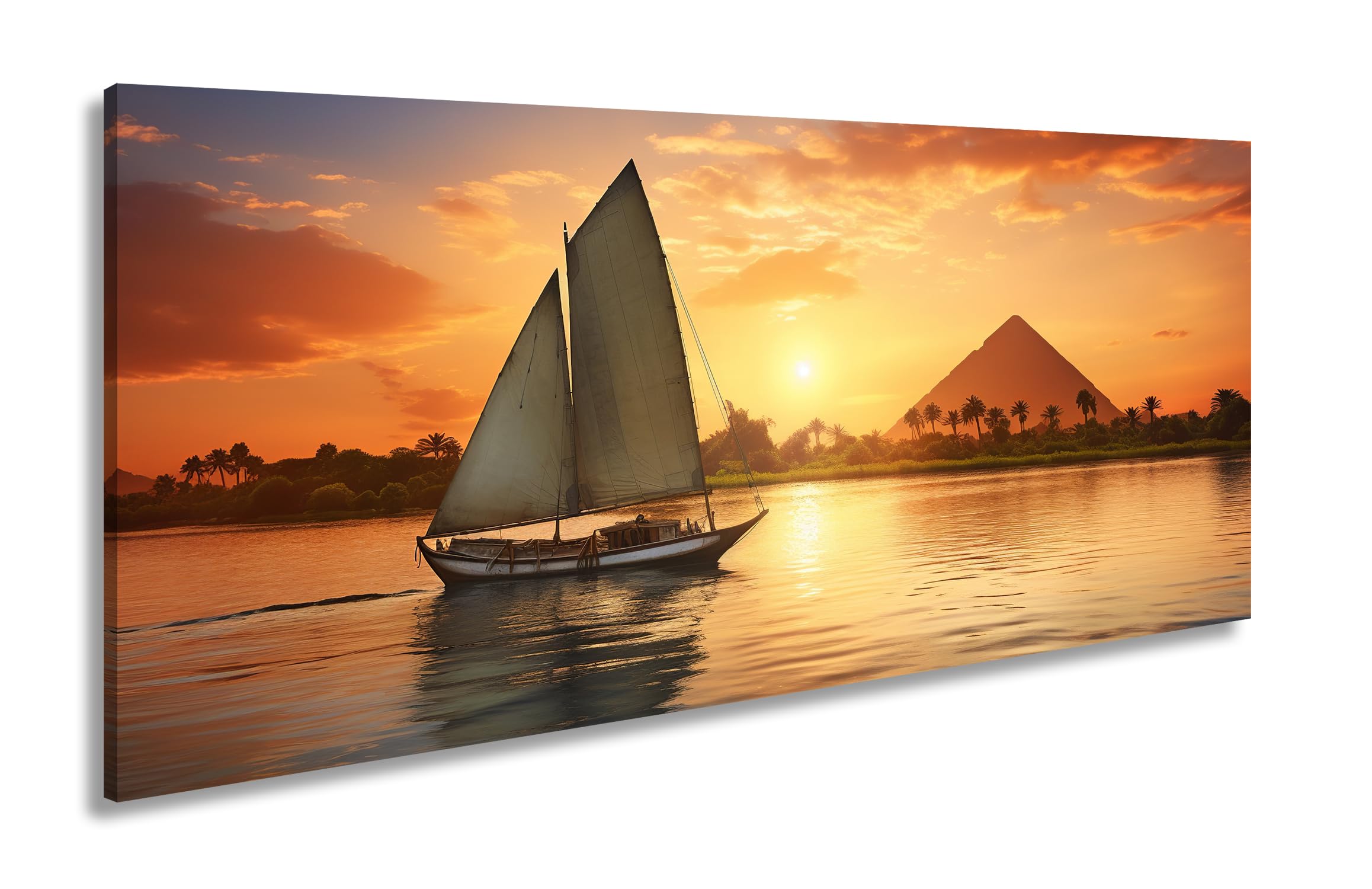 Leinwandbild Segeln bei Sonnenuntergang – Ägyptens Zauber am Nil Panorama 100x50cm XXL Kunstdruck Bild auf Keilrahmen/Wandbild/Wohnzimmer Dekoration