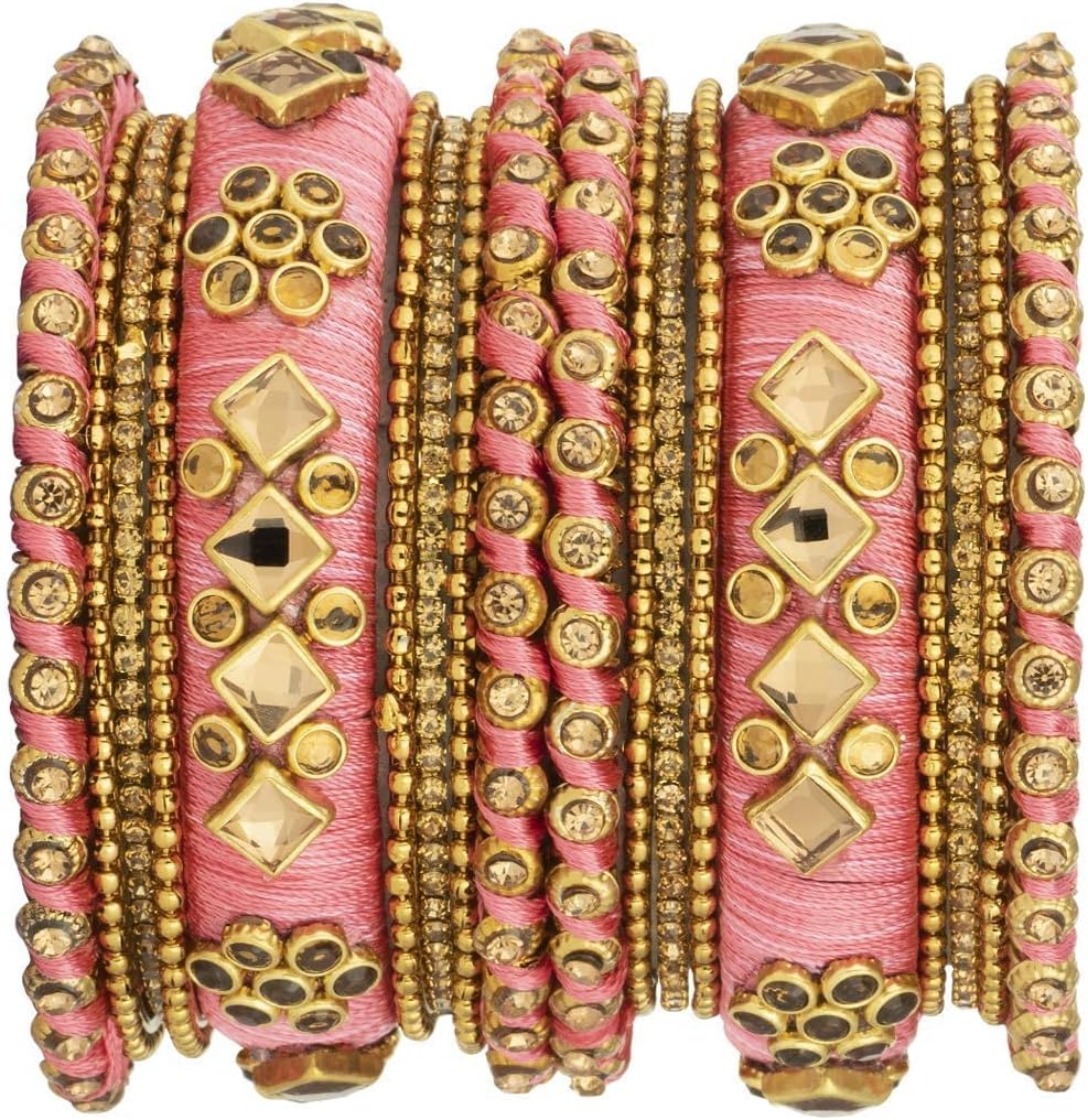 Aheli Ethnic Handmade Silk Thread Faux Stone Studded Bangle Set Designer Chudha Indian Wedding Wear Fashion Jewelry Gift for Women - Image 3