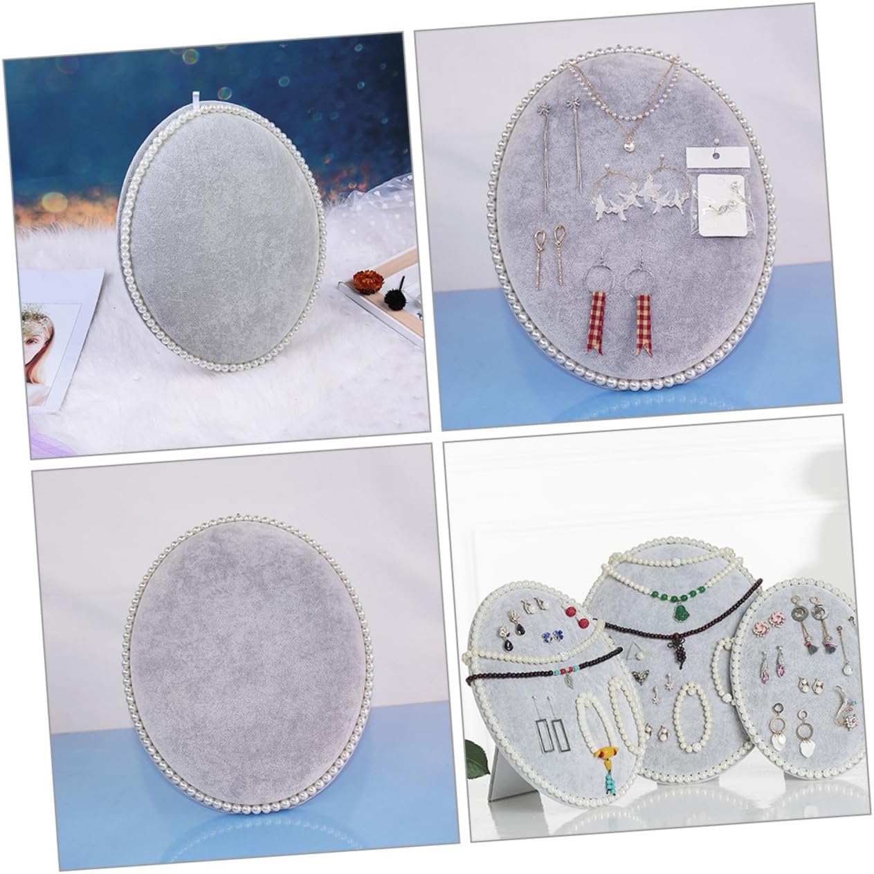 VALICLUD Earring Storage Organizer and Display Stand Large Oval Pearl Panel Wall-mounted Jewelry Holder for Earrings and Necklaces Home Accessory Organizer in Ice Gray Velvet