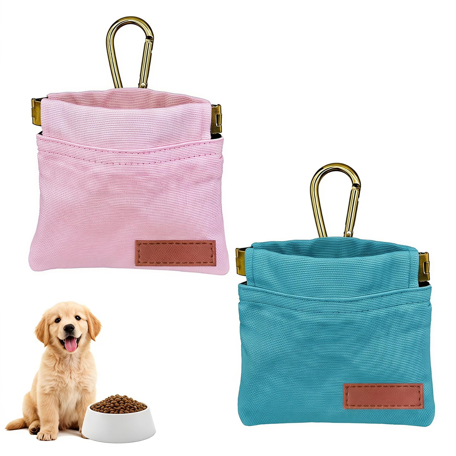 Vfrdsa 2 Pack Dog Treat Pouch with Carabiner, Automatic Self-Closing Dog Training Bag, Hands-Free Waterproof Portable Pet Snack Bag for Walking Outdoor & Puppy Training (Pink + Blue)