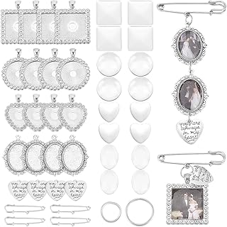 UNICRAFTALE 4 Sets 4 Styles Wedding Bouquet DIY Photo Charm Bouquet Memorial Bridal Charm Oval Round Pin Brooch Making Kit Heart Memorial Locket Cabochon Pendants for DIY Wedding Party Bridal Shower