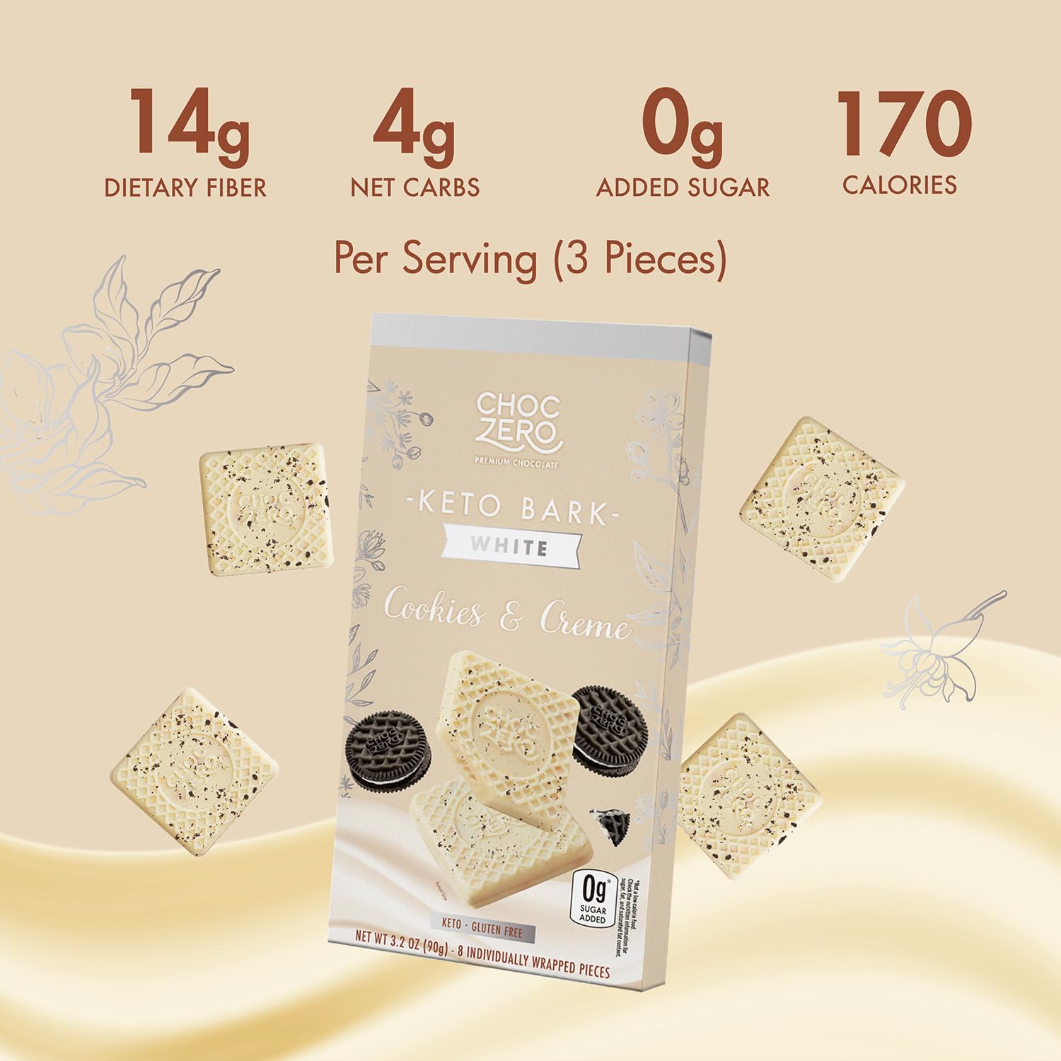 ChocZero Cookies & Cream Keto Bark – White Chocolate Candy with Cookie Pieces, Low Carb, No Added Sugar, Gluten Free, 3.2oz Bars (Pack of 4)