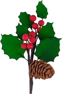 O'Creme Holly-with-Pine-Cone Gumpaste-Flower Spray 5 inch x 5 inch - for Cake Decorating - Sugar Paste Decorations for Cakes, Cupcake Toppers - Birthday, Wedding, Valentines, Baby Shower - Set of 3