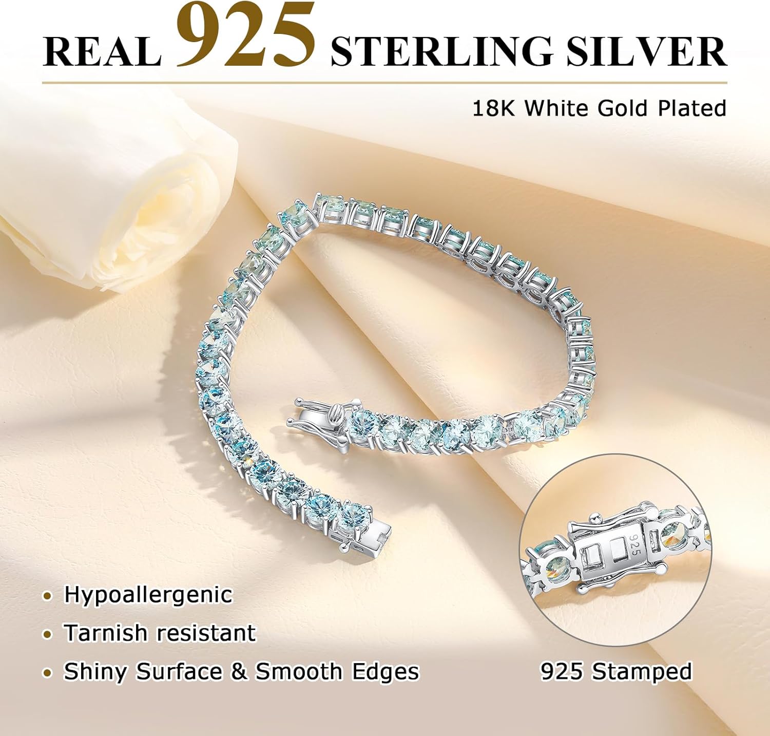 Luxury White Gold Sterling Silver 5mm Wide Cubic Zirconia and Birthstone Tennis Bracelets for Women Birthday Wedding Everyday, 7.25"