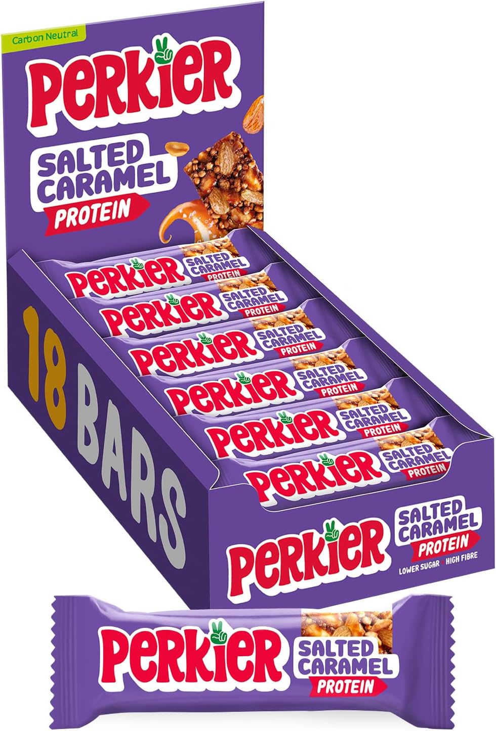 – Perkier Salted Caramel Snack Bars (18 Pack) – Vegan – Gluten Free – Protein – High Fibre – Lower Sugar - Natural Ingredients – Lower Calorie – Healthy – No Palm Oil