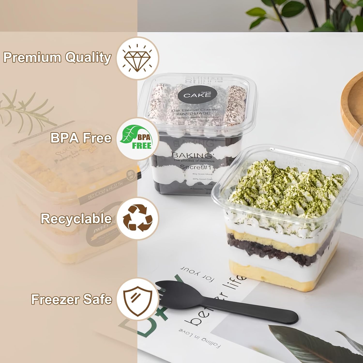 JMIATRY 100 Count 12 oz Square Plastic Dessert Cups with Lids and Spoons Clear Disposable Dessert Cup Tiramisu Container 12oz Plastic Parfait Cups for Cupcake Mousse Yogurt Pudding Fruit image 4