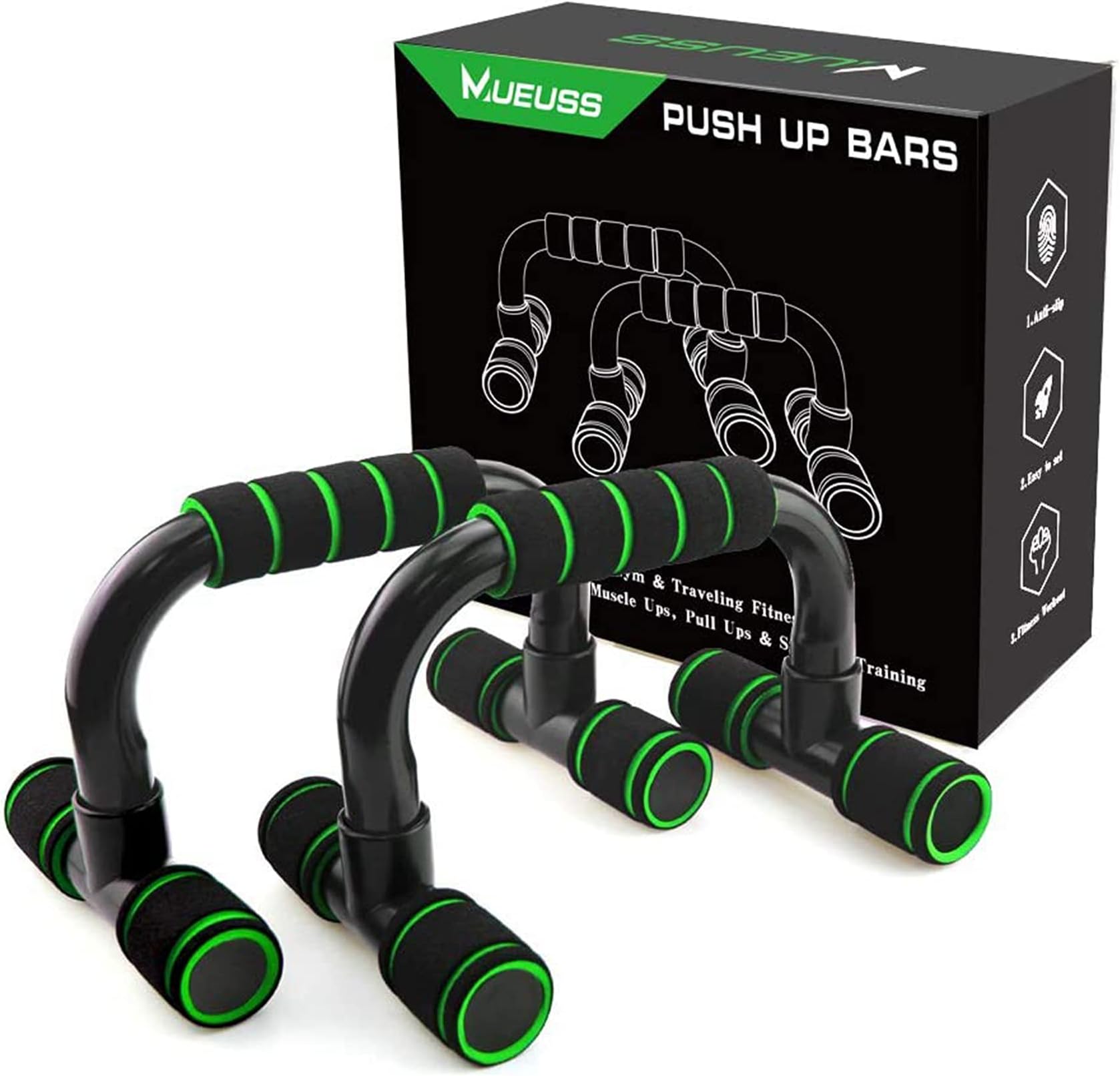 MUEUSS Push Up Bars Stand, Fitness Press Up Bars for Home Gym Fitness Exercise Chest Muscle Training, Strength Workouts, Pull Ups, PP Handles with Cushioned Foam Grip & Non-slip Base Portable