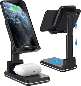 Wireless Charging Phone Stand, 2 in 1 Foldable Desktop Cell Phone Tablet Stand,10W Max Qi-Enabled Wireless Charging Multi-Angle Adjustable Metal Phone Holder Compatible for iPhone 13/12/11//Pro/XR/XS/8,AirPods.