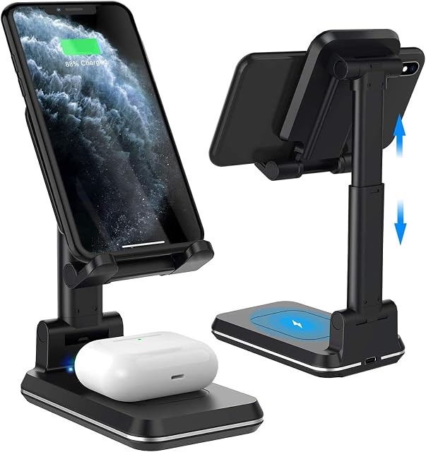 Wireless Charging Phone Stand, 2 in 1 Foldable Desktop Cell Phone Tablet Stand,10W Max Qi-Enabled Wireless Charging Multi-Angle Adjustable Metal Phone Holder Compatible for iPhone 13/12/11//Pro/XR/XS/8,AirPods.
