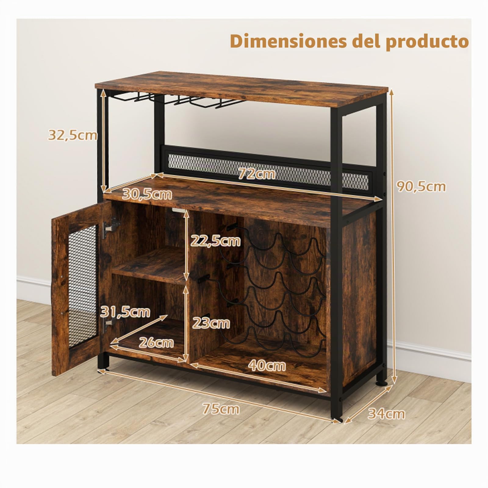 GIANTEX Mueble Organizador de Bar con Estantes para 9 Botellas y 3 Portavasos, Armario para Vino con Puerta de Rejillas, Kit Antivuelco, 75 x 34 x 90,5 cm, Aparador para Cocina, Comedor