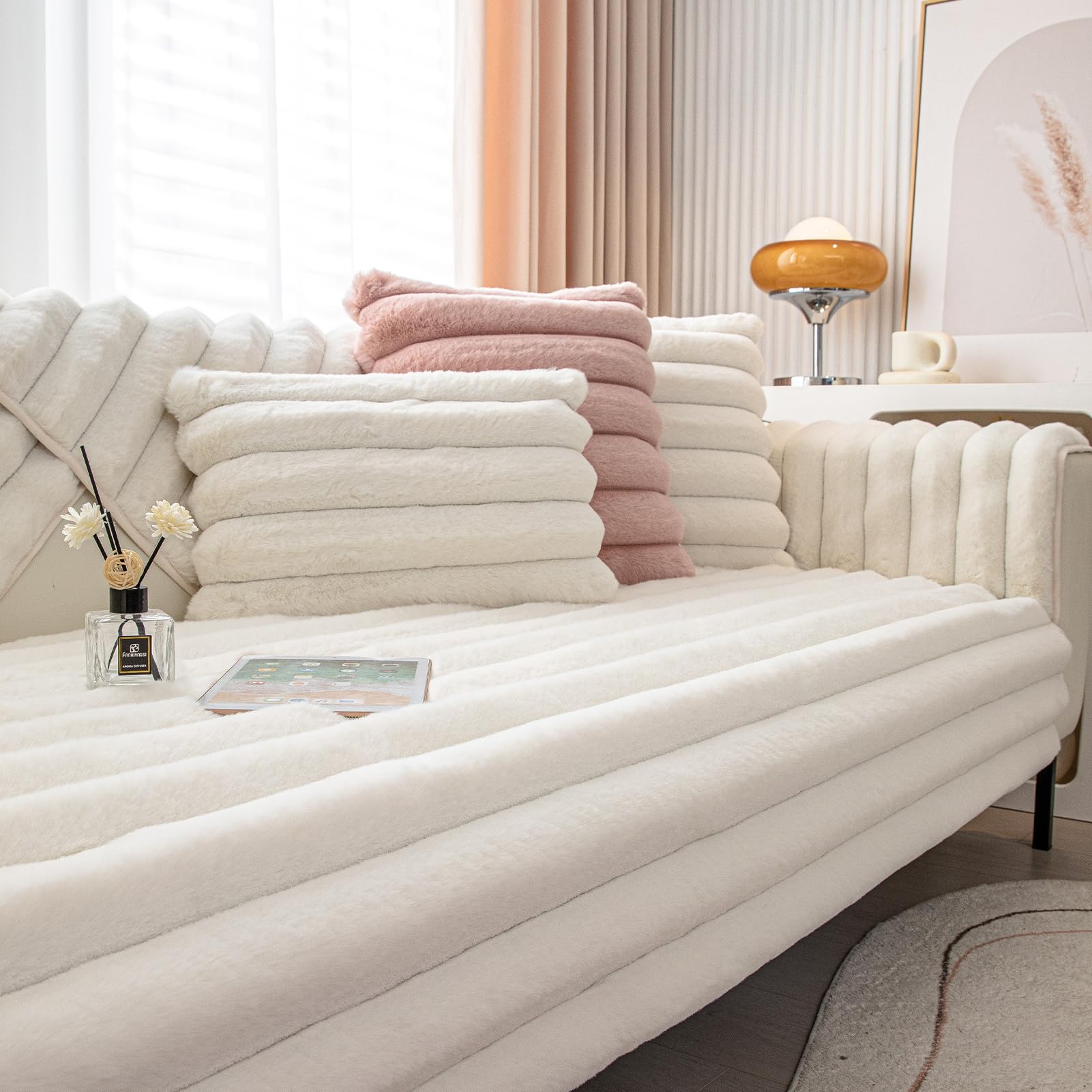 GYHH Thick Rabbit Plush Striped Sofa Cover, NonSlip Sofa Cushion Covers Furniture Protector for I Shape Corner L Shape 1 2 3 4 Seater Recliner Fluffy Couch Covers