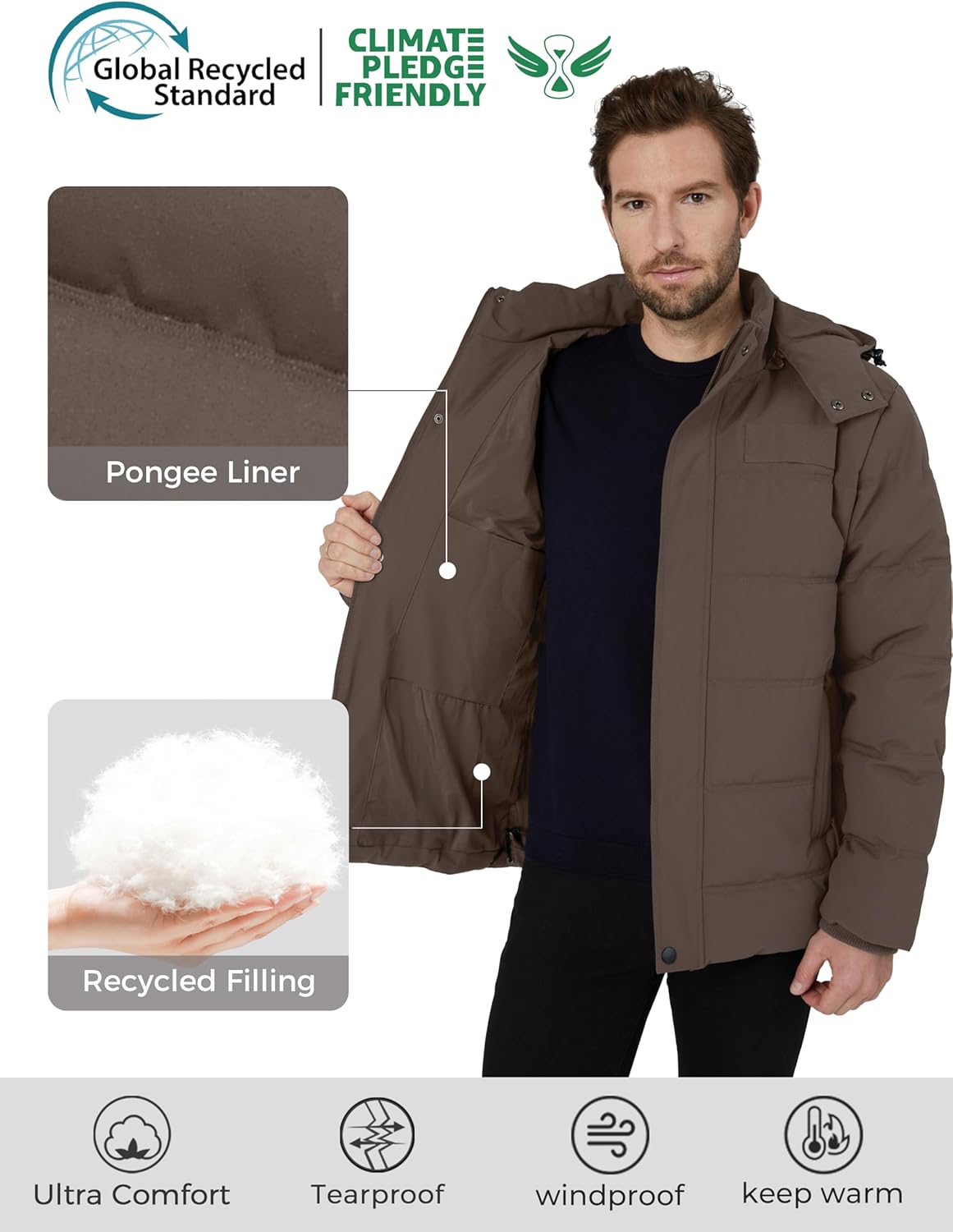 Wantdo Men’s Hooded Winter Coat Warm Puffer Jacket Thicken Cotton Coat with Removable Hood