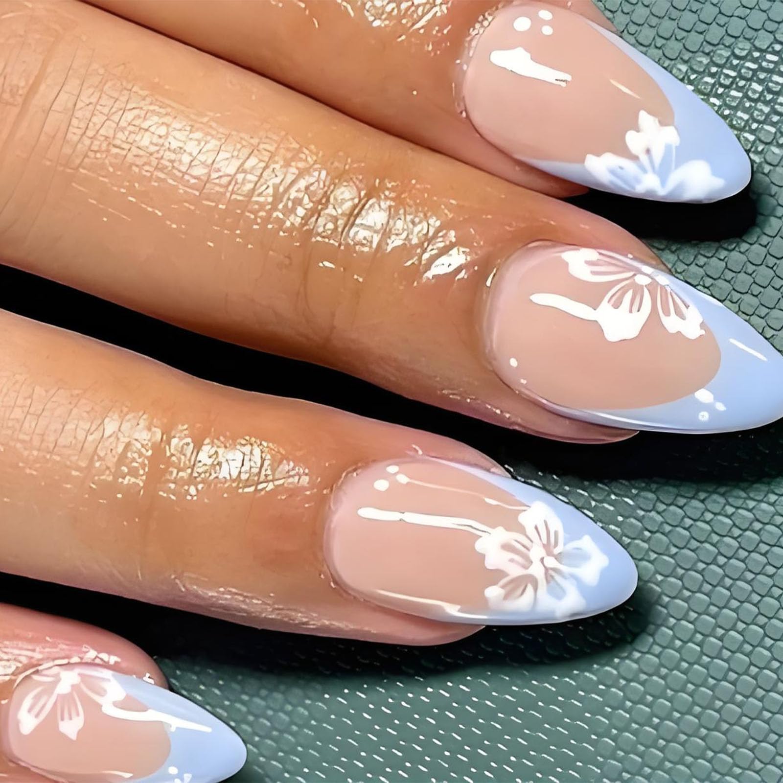 Almond-Shaped Glossy False Nails With Blue French Tip Floral Art