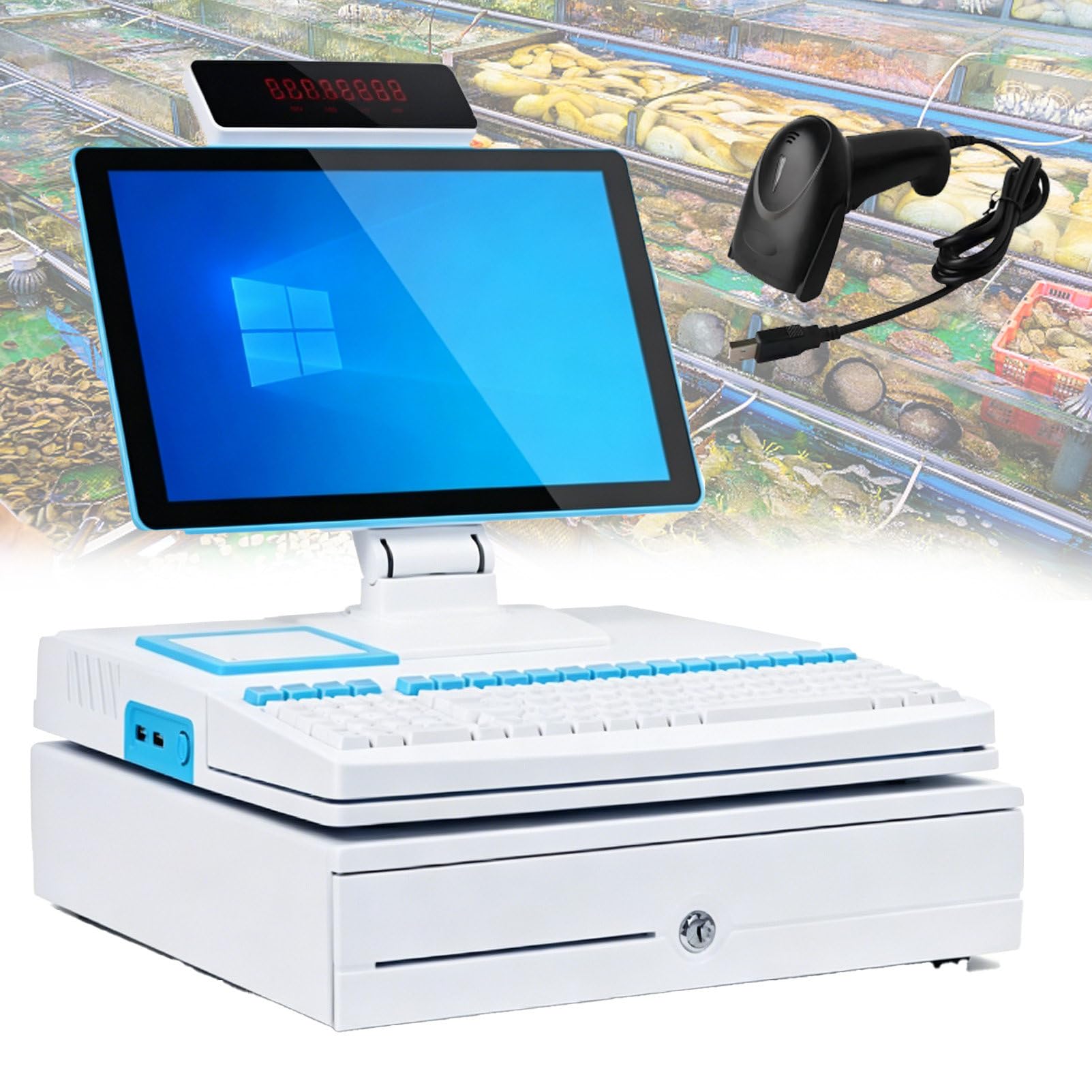 Pvxa White All-In-One Pos Cash Register System, All-In-One Cash Register With 15.6" Touch Screen Monitor, Led Touch Screen, 101 Keys Keyboard, Handheld Scanner Singlescreen