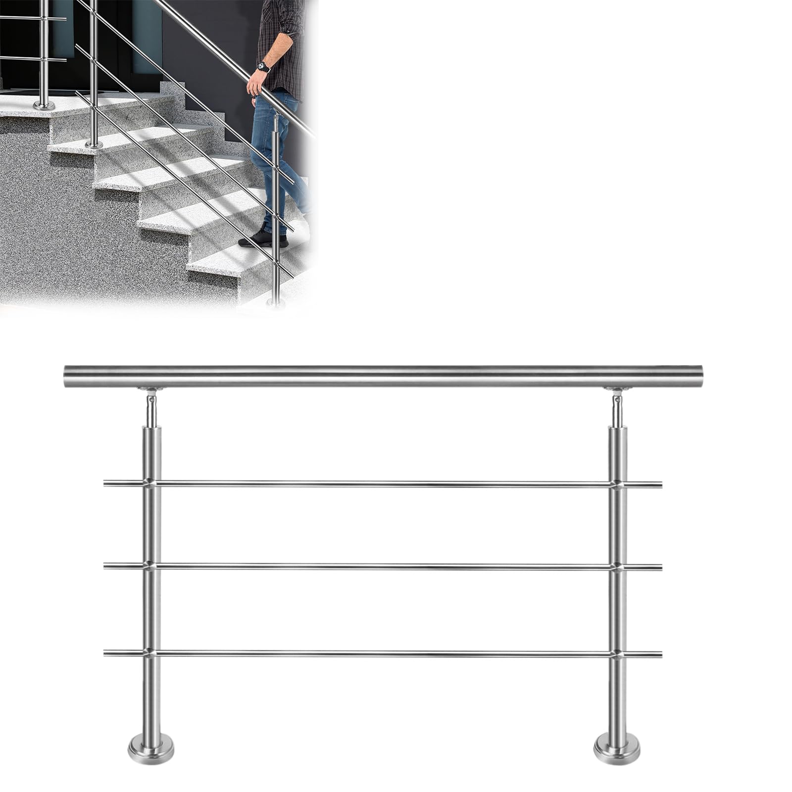 Pasamanos de acero inoxidable para exterior e interior, pasamanos para escaleras, balcón, jardín (150 cm, 3 travesaños)