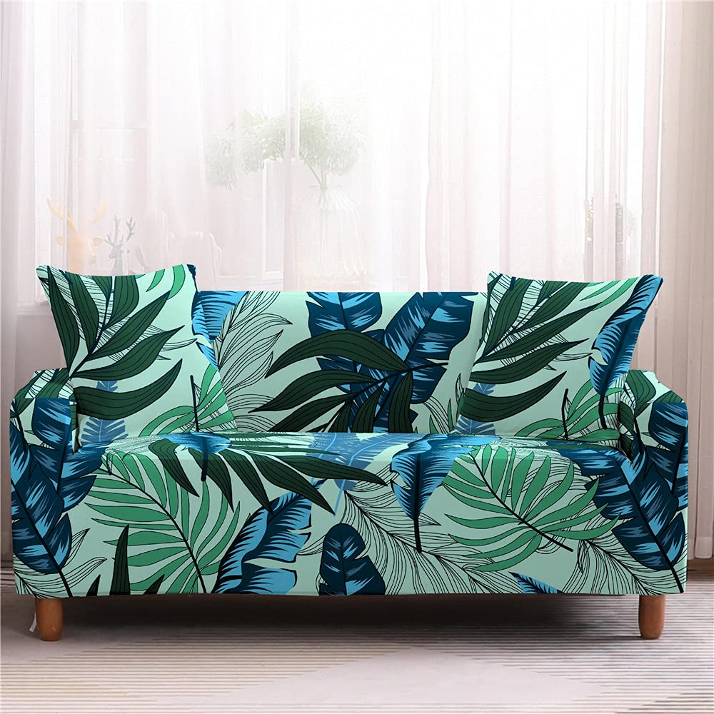 Fanxu Blue Fansu Sofa Cover Universal Slipcover Stretch Couch Covers,3D Tropical Leaf Print Non Slip Settee Loveseat Sofa Covers Soft Removable Washable Furniture Sofa Protector ( Leaf,4 Seater/235~300Cm)