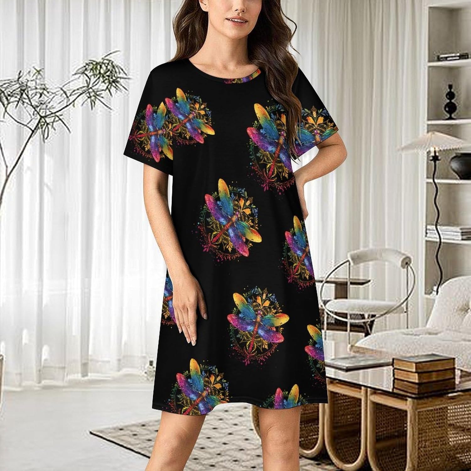 Mandala Dragonfly Chakra Dragonflies Womens Nightgown Short Sleeve Sleepshirts Loungewear
