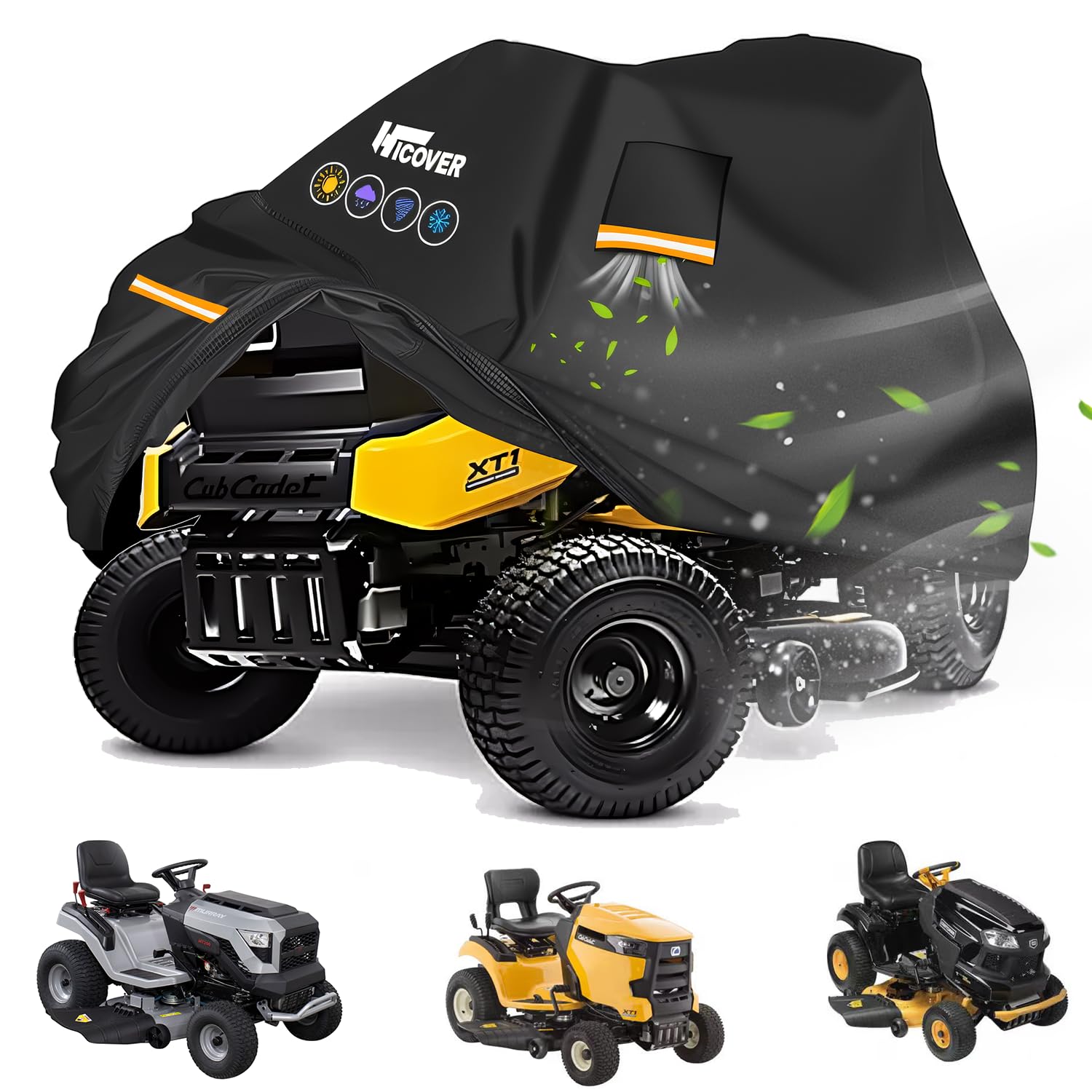 Hicover Senior Black - Riding Mower Riding Lawn Mower Cover - 600D Heavy Duty Lawn Tractor Cover, Waterproof & Windproof With Vents Fit With Reflective Strips, Fit John Deere, Ego, Toro, Craftsman, Husqvarna, Honda And More