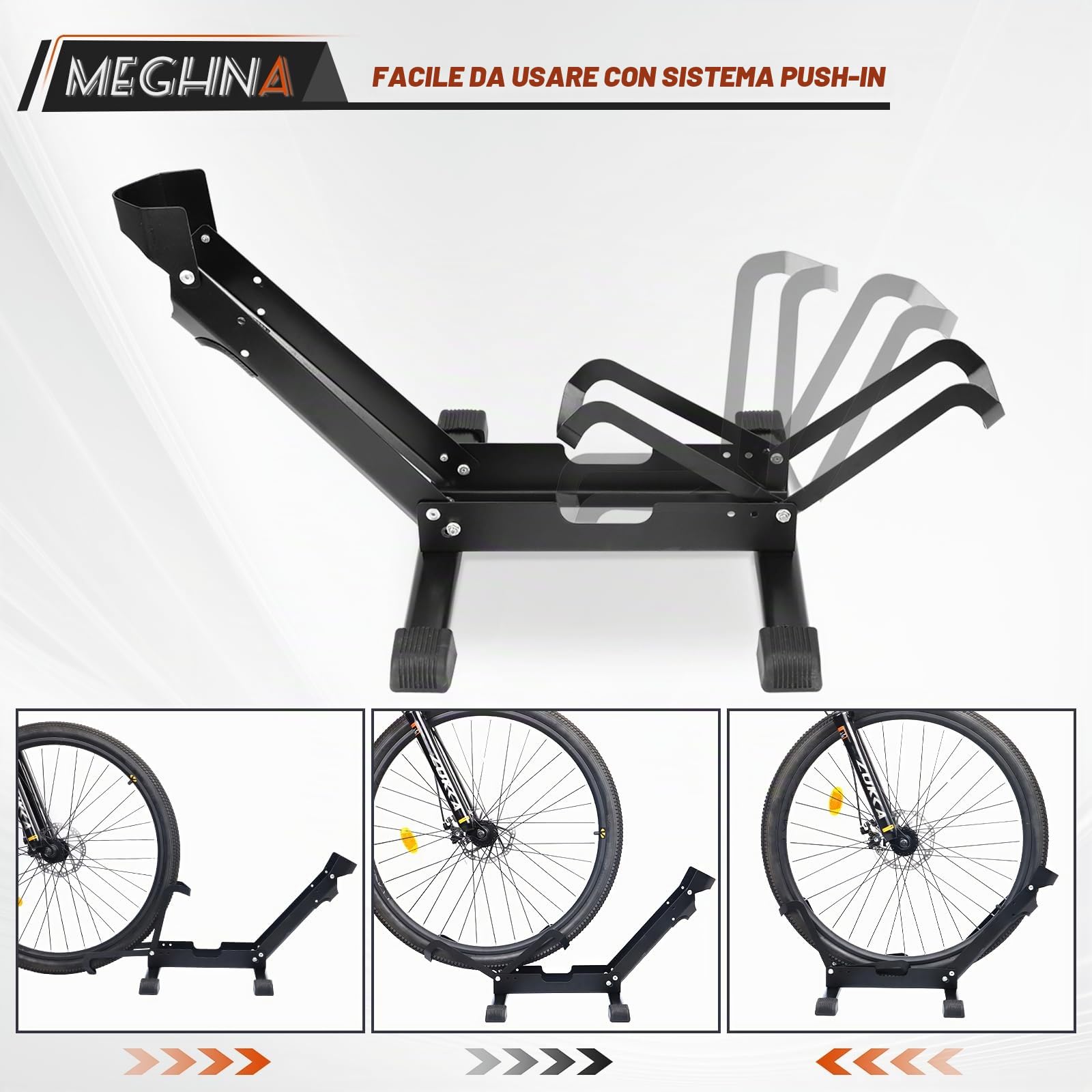 MEGHNA Confezione da 1/2 portabici pieghevole – Cavalletto da pavimento in acciaio al carbonio per bici da 20 – 29 pollici e-bike, mountain bike, bici da corsa (larghezza pneumatici inferiore a 7,5 cm
